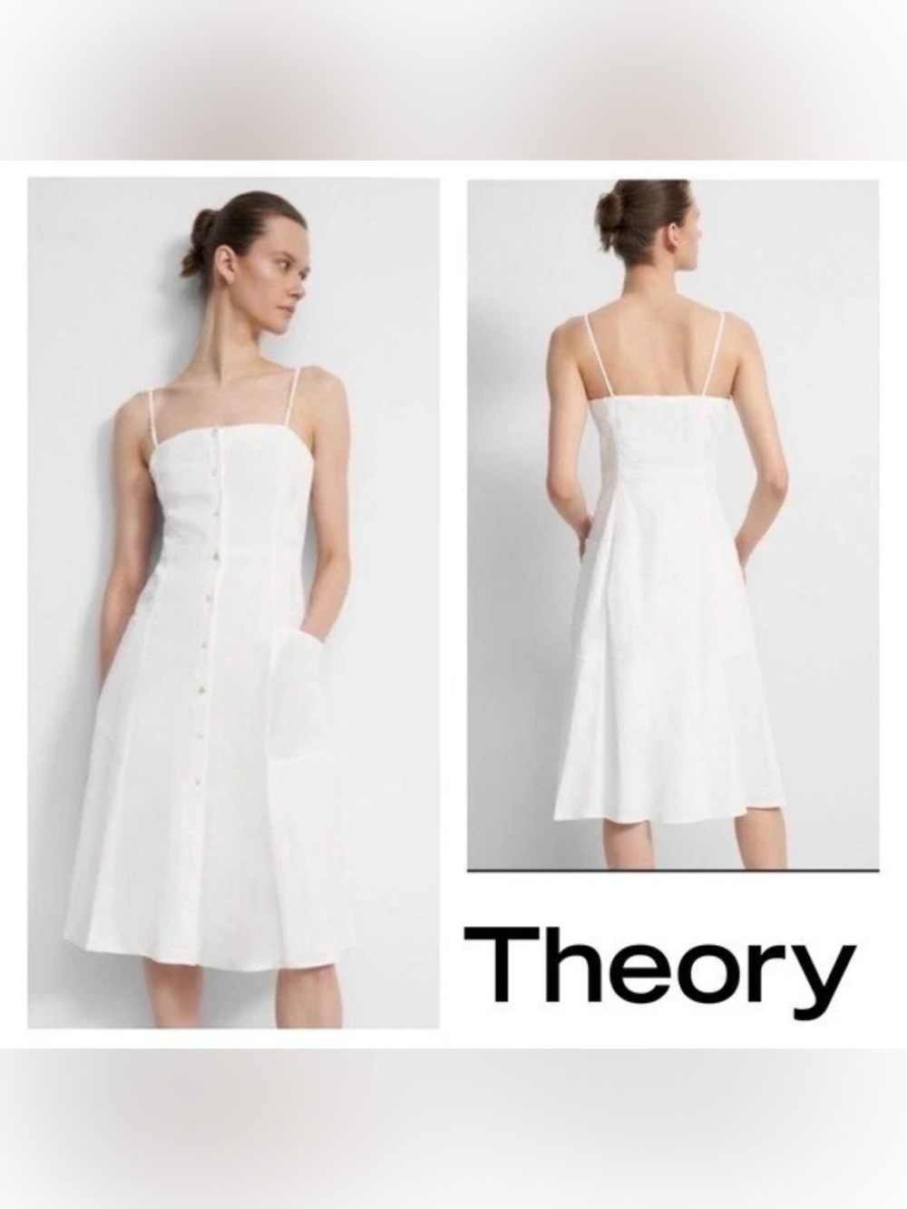 Theory White Button-Front Spaghetti Strap Midi Dress